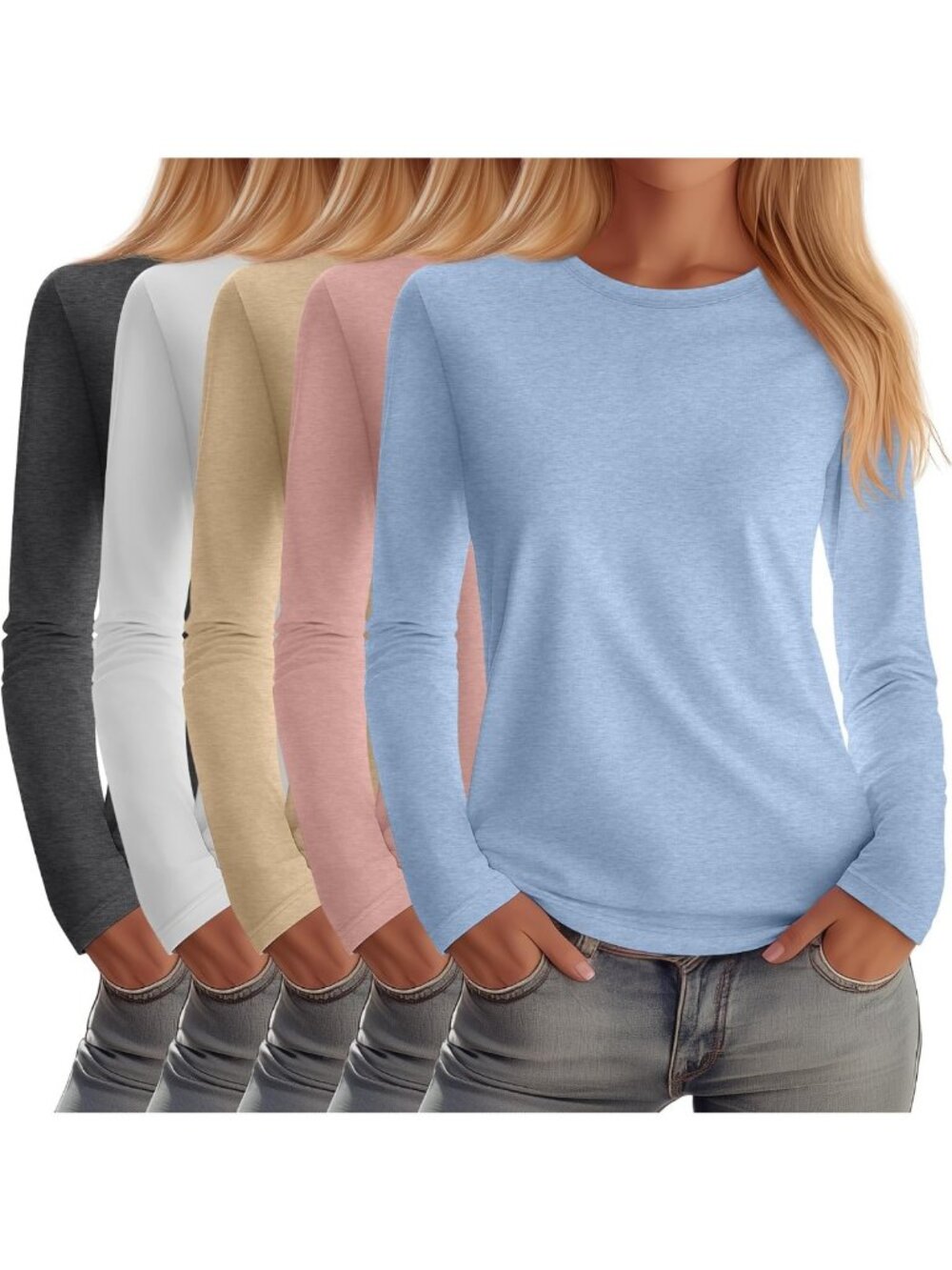 5 Pack Women's Long Sleeve Crew Neck Shirts - Soft, Casual Tops for Everyday